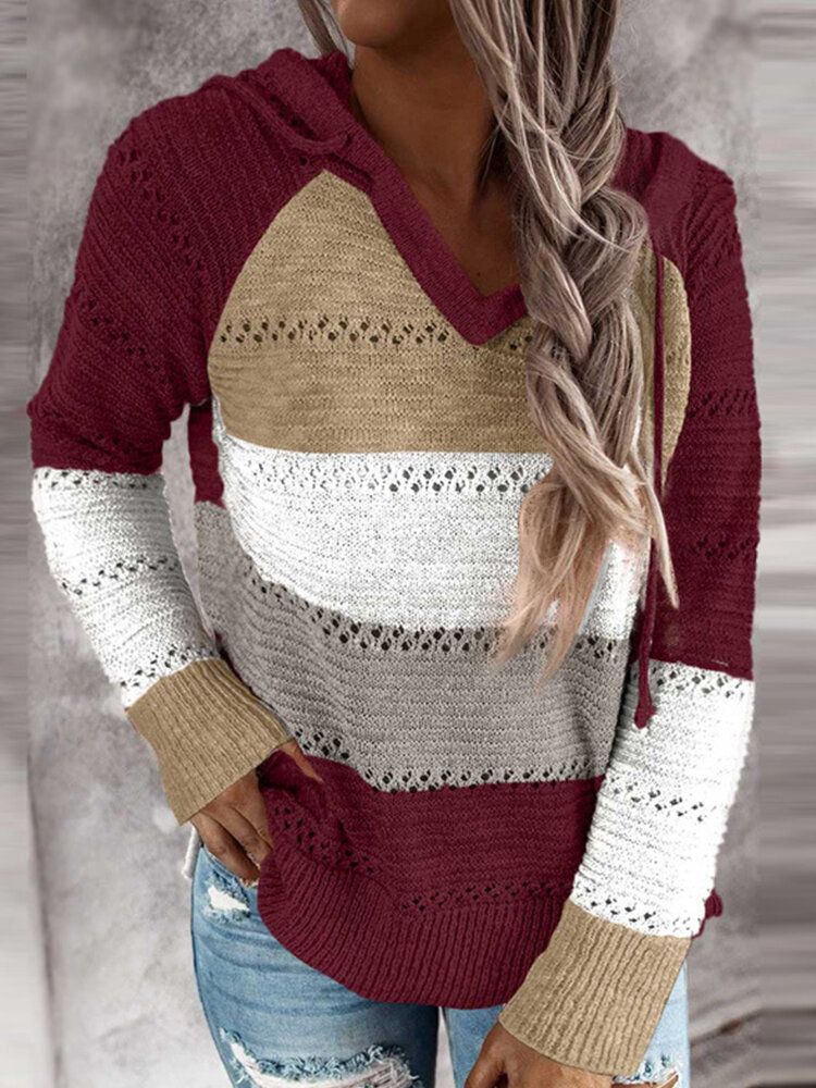 Frauen Herbst Stripe Print V-ausschnitt Mit Kapuze Täglich Casual Strickpullover