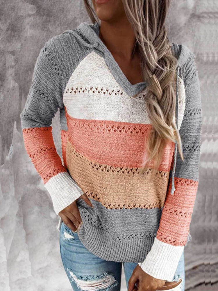 Frauen Herbst Stripe Print V-ausschnitt Mit Kapuze Täglich Casual Strickpullover