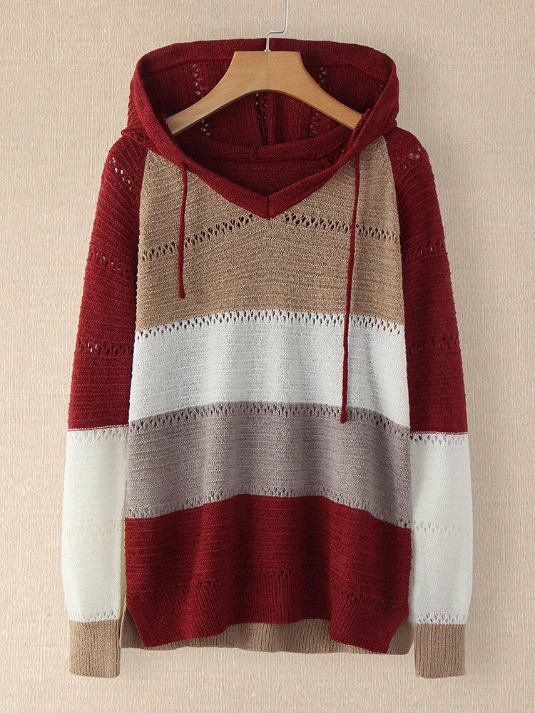 Frauen Herbst Stripe Print V-ausschnitt Mit Kapuze Täglich Casual Strickpullover