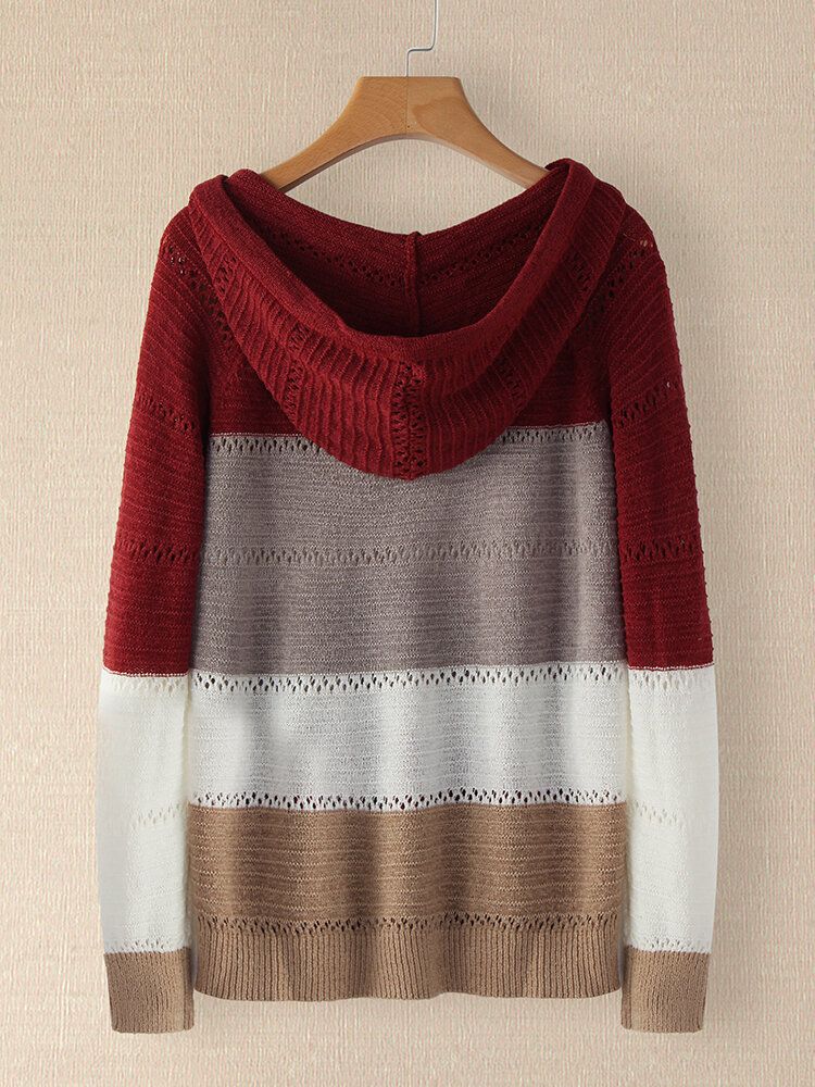 Frauen Herbst Stripe Print V-ausschnitt Mit Kapuze Täglich Casual Strickpullover