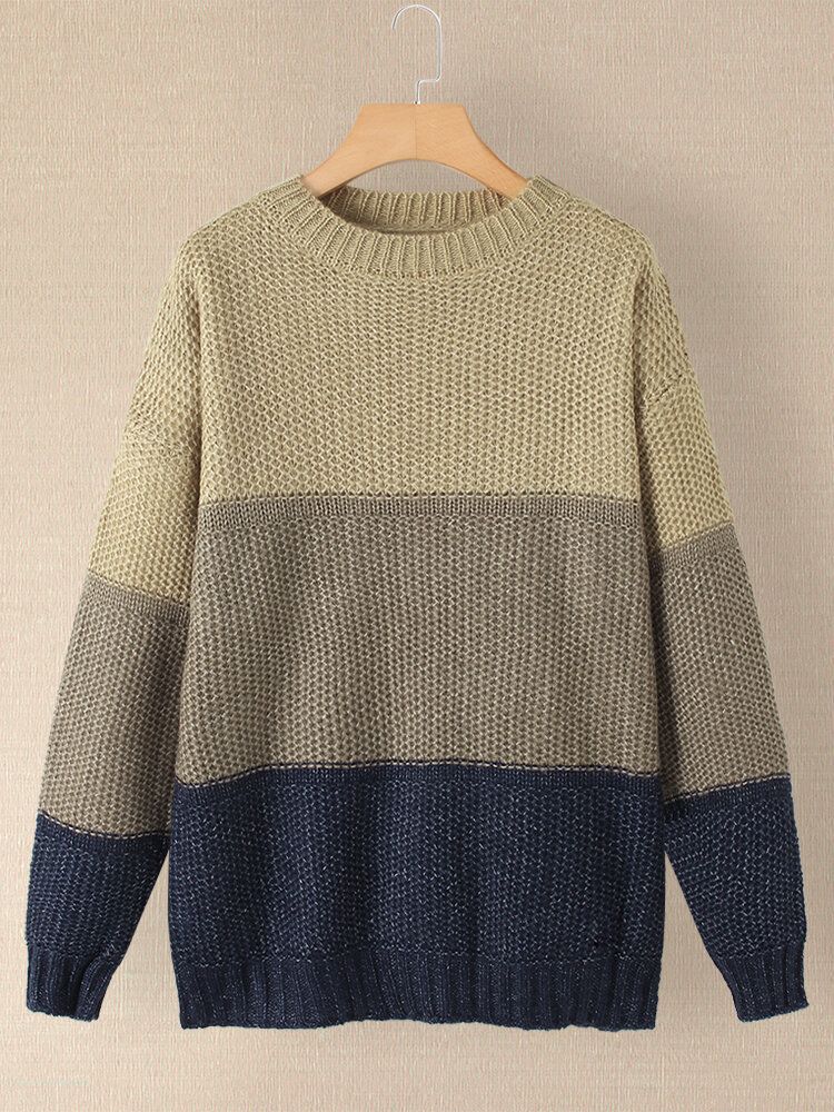 Frauen-kontrastfarbe-patchwork-rundhals-langarm-strick-beiläufiger Pullover