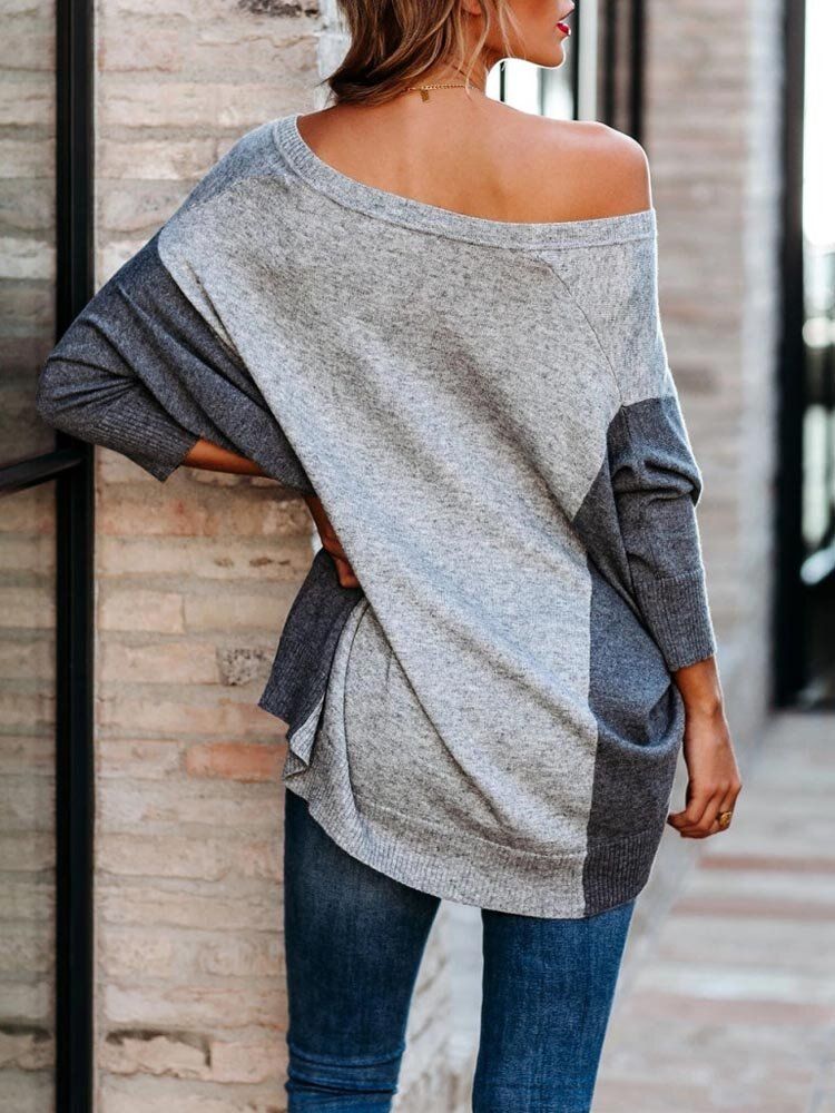 Frauen Patchwork Colorblock Drop Sleeve V-ausschnitt Loose Daily Sweater