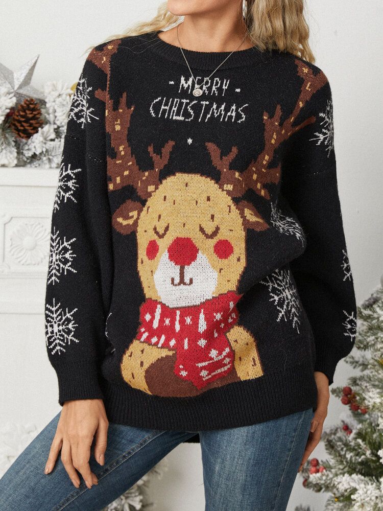 Frauen Weihnachtselch Gedruckt Cartoon Tier Schneeflocke Rundhals Pullover