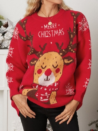 Frauen Weihnachtselch Gedruckt Cartoon Tier Schneeflocke Rundhals Pullover