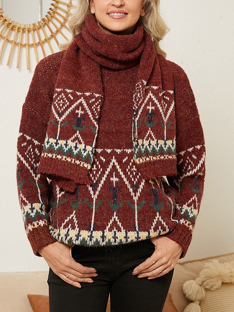 Frauen Weihnachtselemente Weinrot Vintage Mit Schal Lässige Pullover