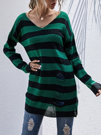 Gestreifte Langarm-strickpullover Mit V-ausschnitt Für Damen