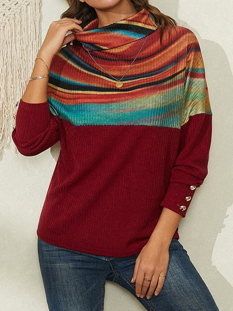 Gestreifter Patchwork-pullover Mit Rollkragen Und Rippenmuster Für Damen In Regenbogenfarben