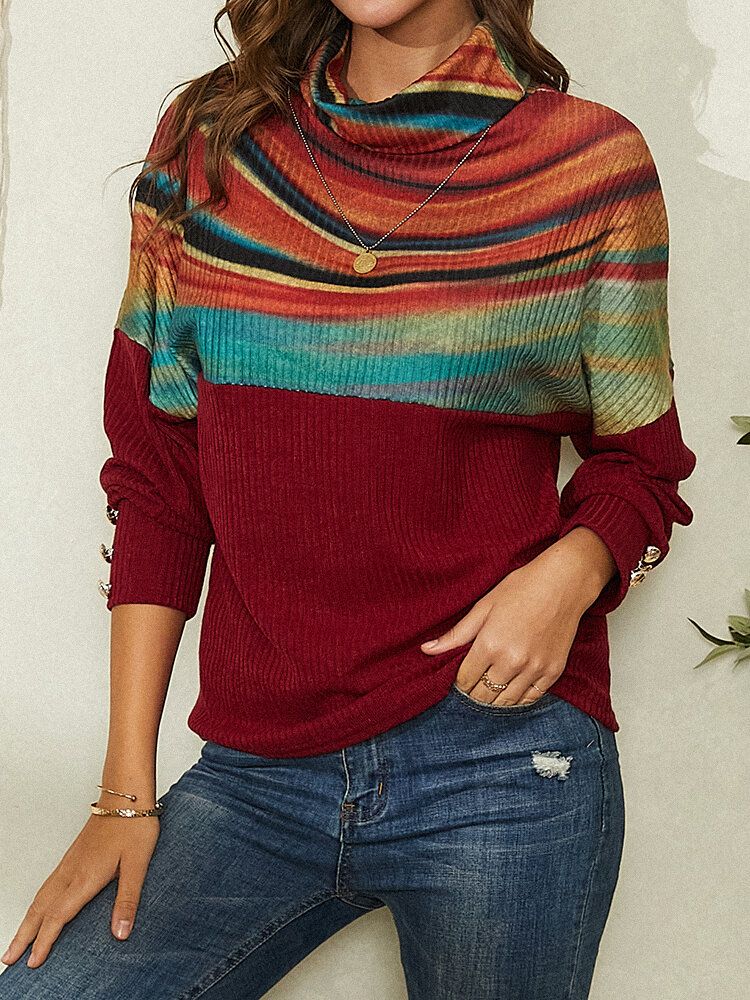 Gestreifter Patchwork-pullover Mit Rollkragen Und Rippenmuster Für Damen In Regenbogenfarben