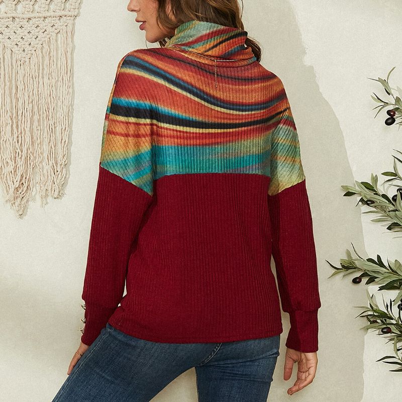 Gestreifter Patchwork-pullover Mit Rollkragen Und Rippenmuster Für Damen In Regenbogenfarben