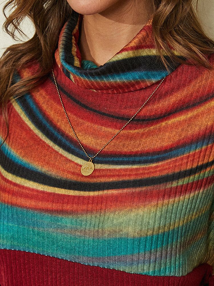 Gestreifter Patchwork-pullover Mit Rollkragen Und Rippenmuster Für Damen In Regenbogenfarben