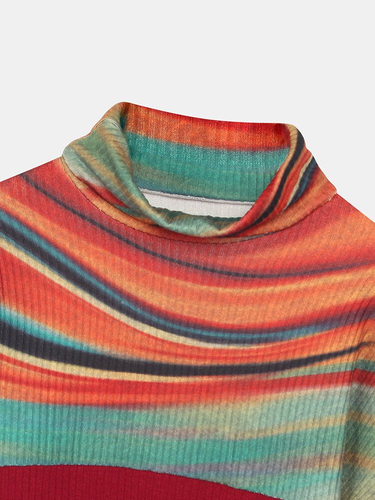 Gestreifter Patchwork-pullover Mit Rollkragen Und Rippenmuster Für Damen In Regenbogenfarben