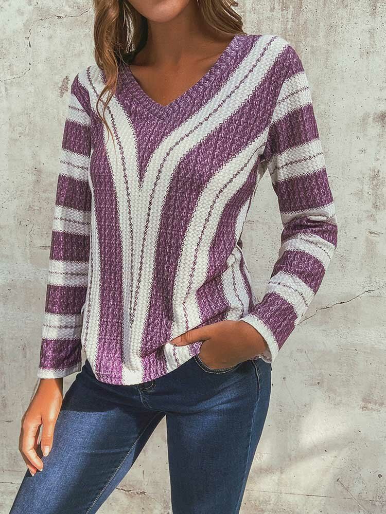 Gestreifter V-ausschnitt Langärmlige Lässige Strickpullover-bluse Für Frauen