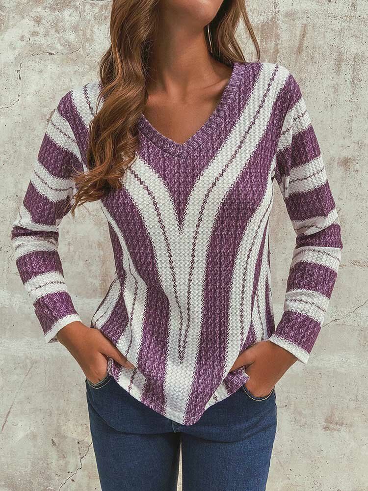 Gestreifter V-ausschnitt Langärmlige Lässige Strickpullover-bluse Für Frauen