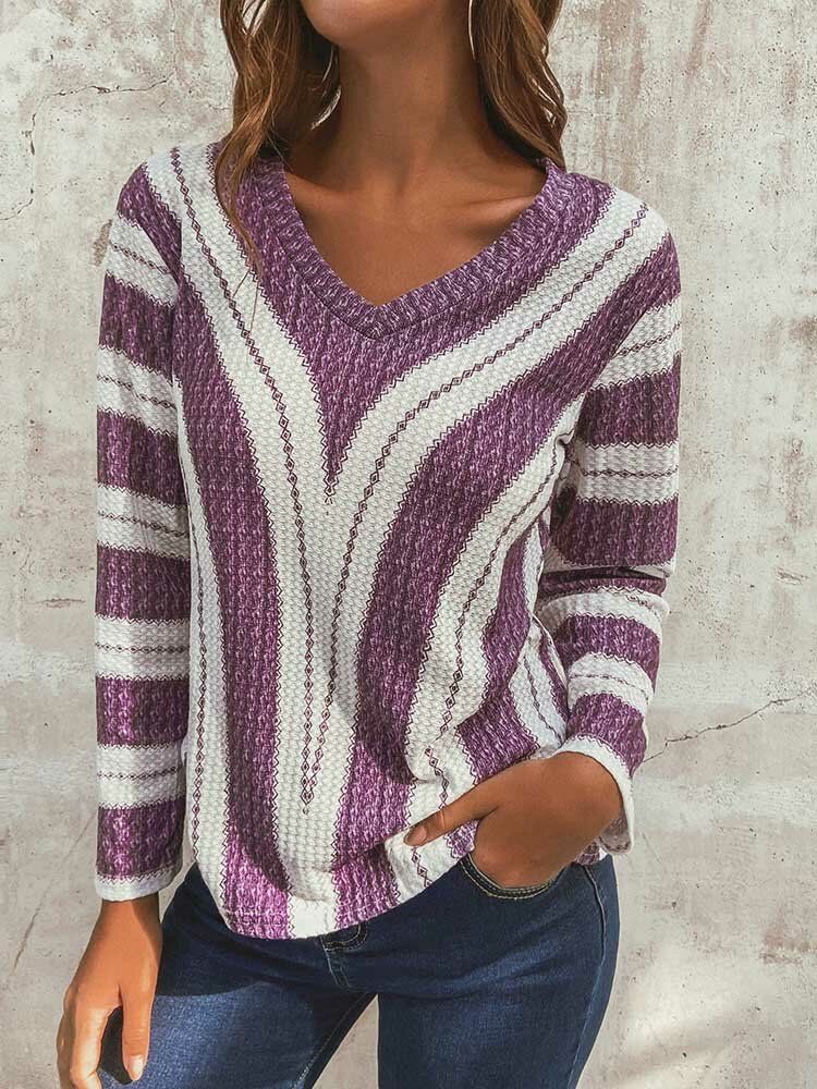 Gestreifter V-ausschnitt Langärmlige Lässige Strickpullover-bluse Für Frauen