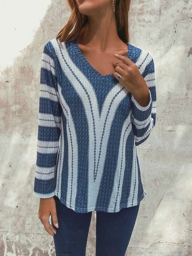 Gestreifter V-ausschnitt Langärmlige Lässige Strickpullover-bluse Für Frauen