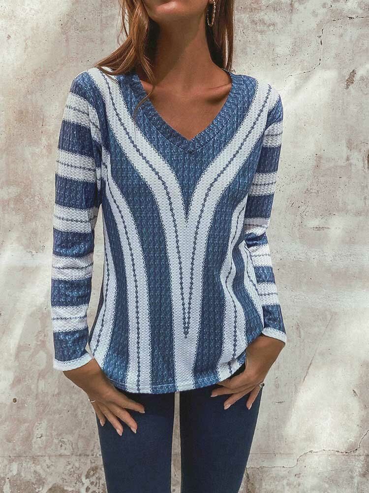 Gestreifter V-ausschnitt Langärmlige Lässige Strickpullover-bluse Für Frauen