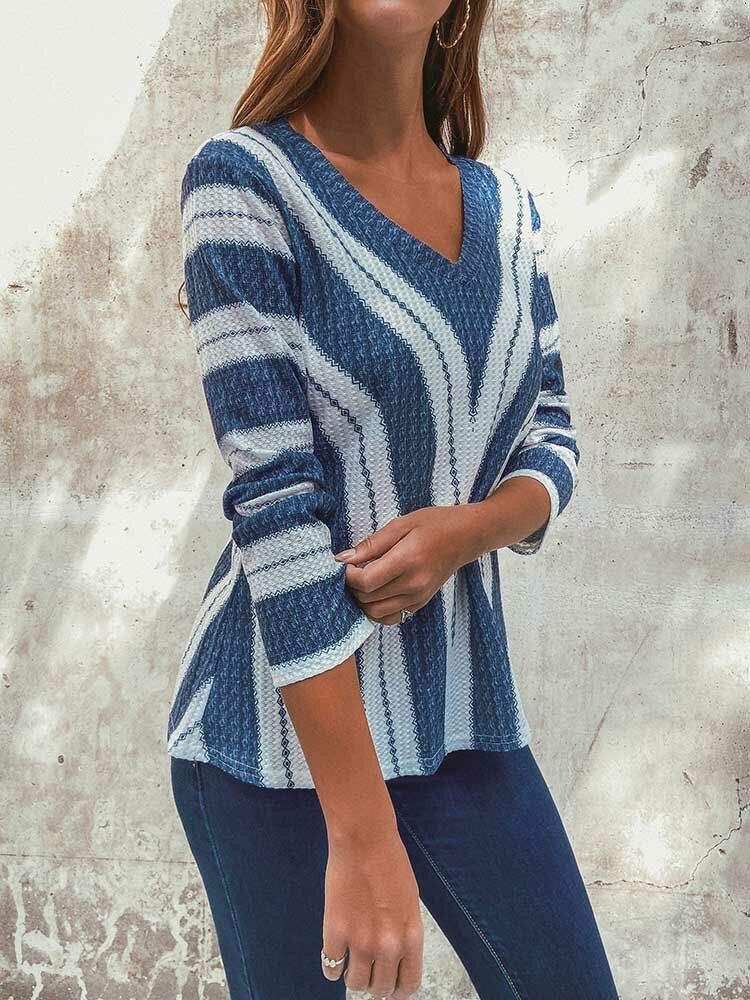 Gestreifter V-ausschnitt Langärmlige Lässige Strickpullover-bluse Für Frauen