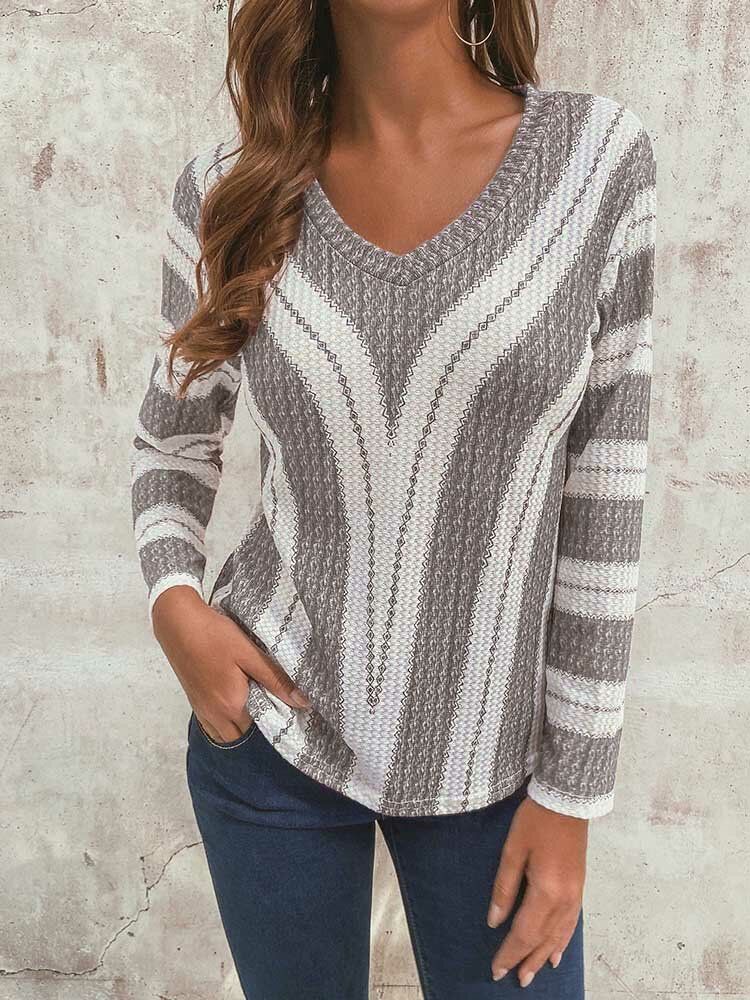 Gestreifter V-ausschnitt Langärmlige Lässige Strickpullover-bluse Für Frauen