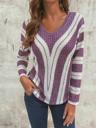 Gestreifter V-ausschnitt Langärmlige Lässige Strickpullover-bluse Für Frauen