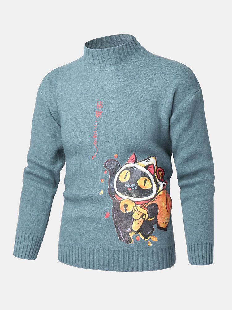 Herren-cartoon-katze Im Ethnischen Stil Mit Charaktermuster Stehkragen Gestrickter Pullover