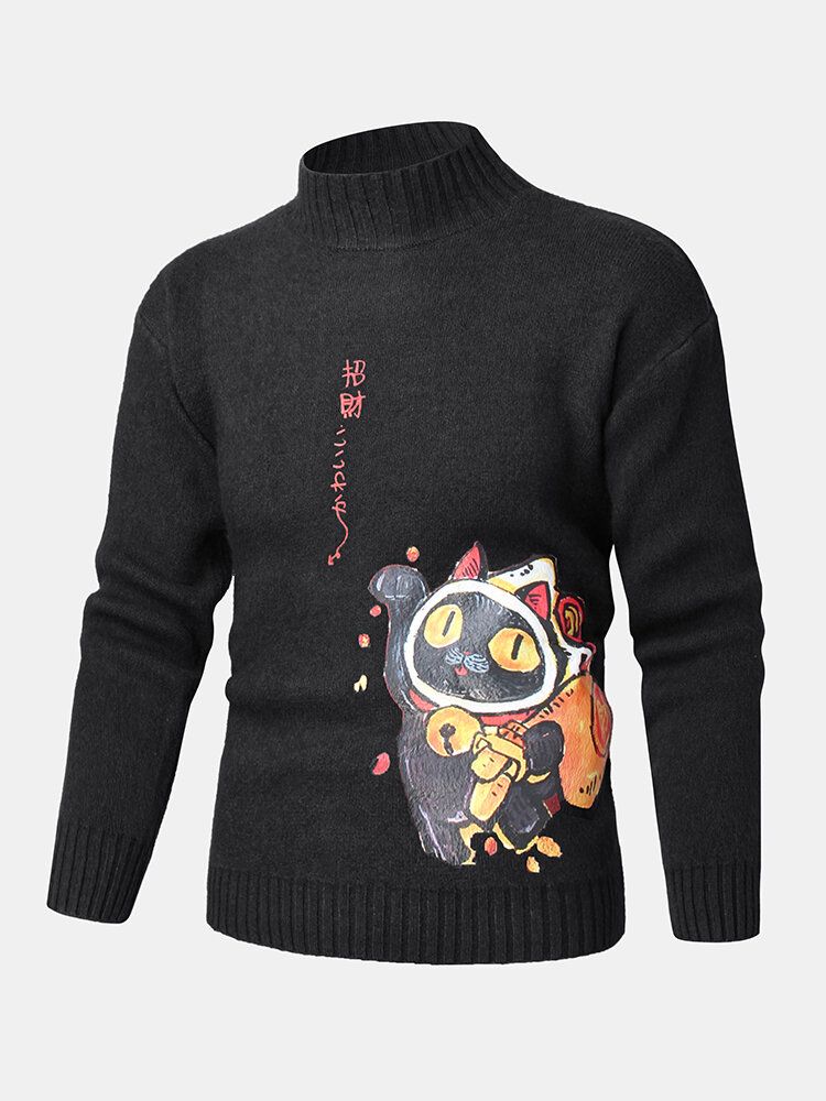 Herren-cartoon-katze Im Ethnischen Stil Mit Charaktermuster Stehkragen Gestrickter Pullover