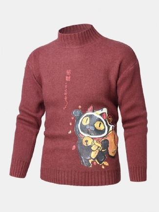 Herren-cartoon-katze Im Ethnischen Stil Mit Charaktermuster Stehkragen Gestrickter Pullover