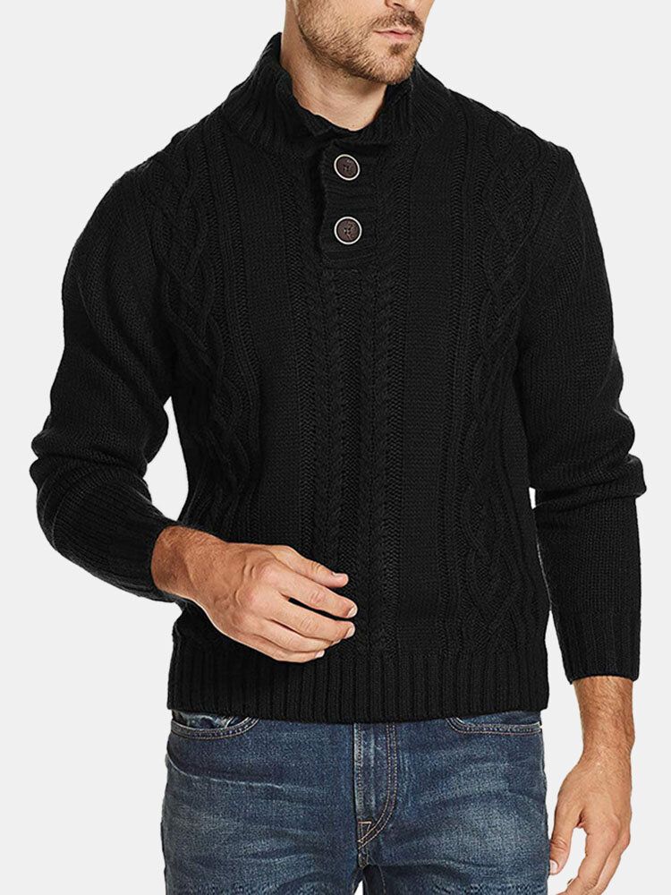 Herren Zopfstrick Revers Knopf Solide Pullover Lässige Pullover