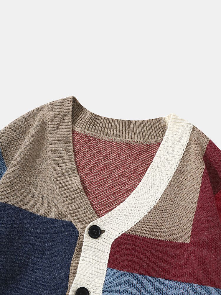 Lässige Pullover Mit V-ausschnitt Gestrickt Patchwork Farbblock Knopf Für Herren