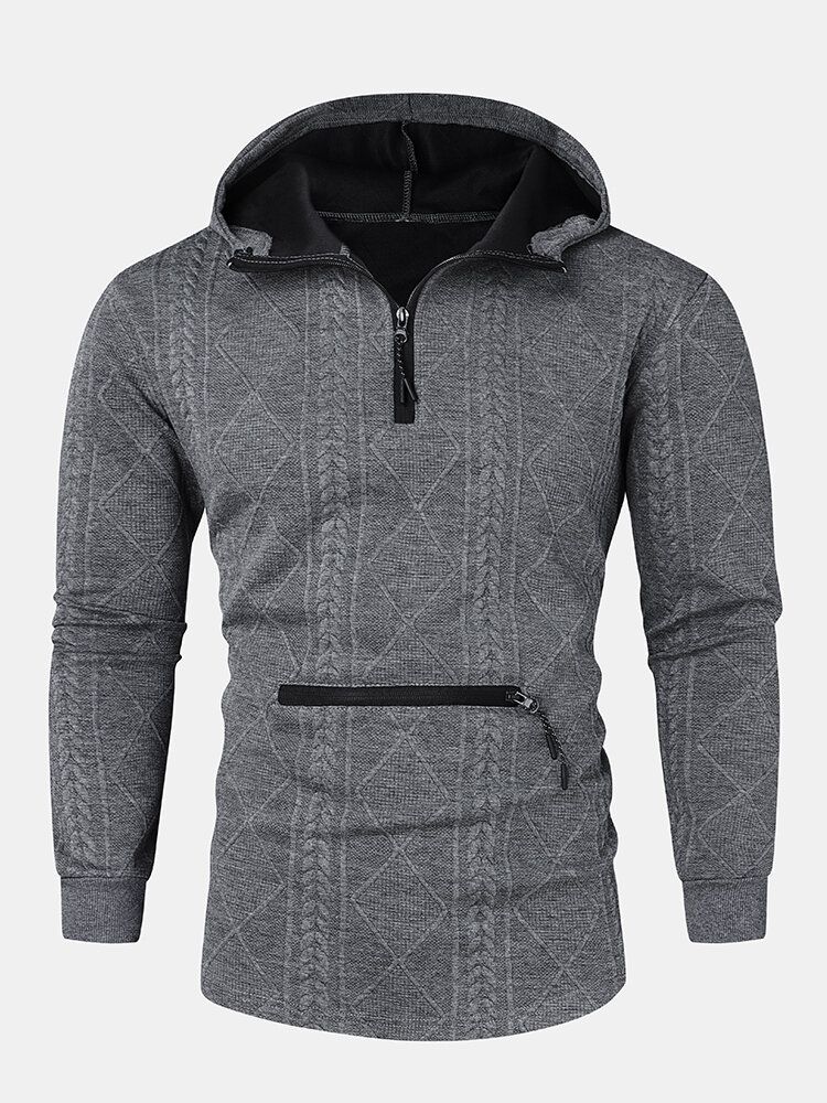 Lässiger Baumwoll-pullover Mit Kapuze Argyle-jacquard-strick Viertelreißverschluss Mit Tasche