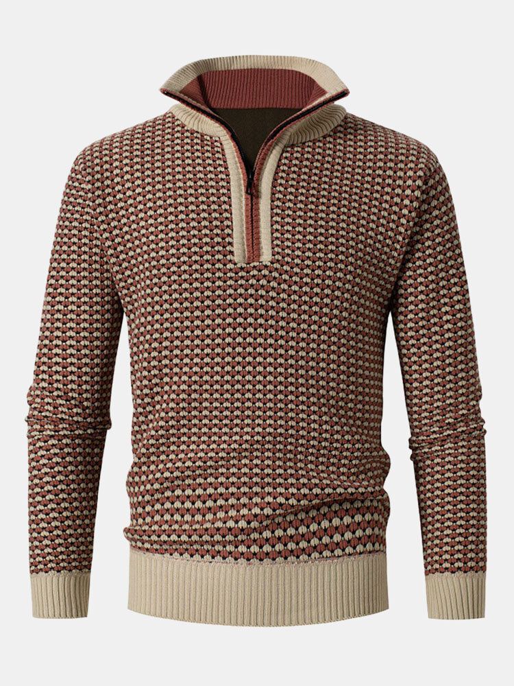 Männer Vintage Gestrickt Stehkragen Kontrastfarbe Plus Samt Halber Reißverschluss Pullover Pullover