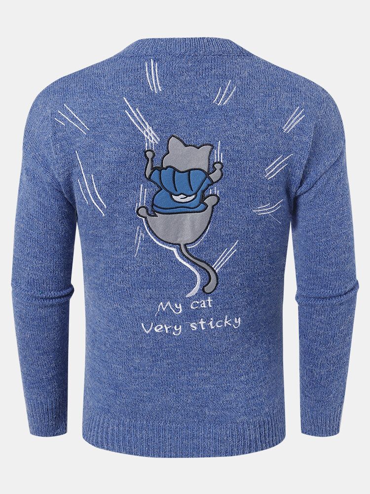 Strickpullover Mit Rundhalsausschnitt Cartoon-katze Buchstabenstickerei Für Herren