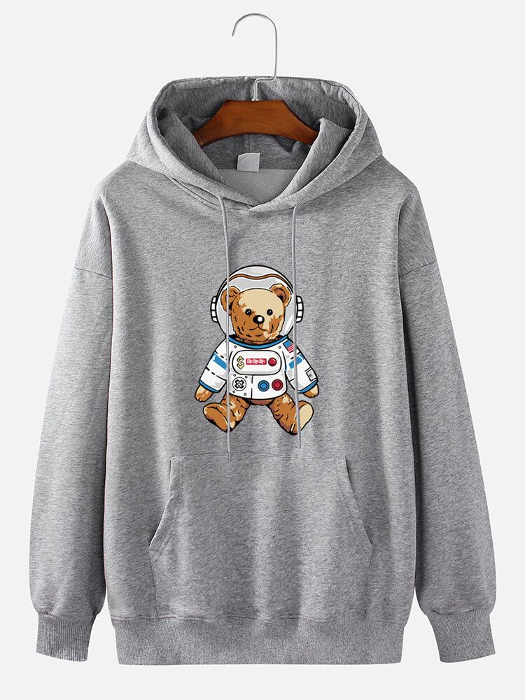 Astronauten-bären-karikatur-print Für Herren Schlichter Lässiger Baumwoll-pullover-hoodie