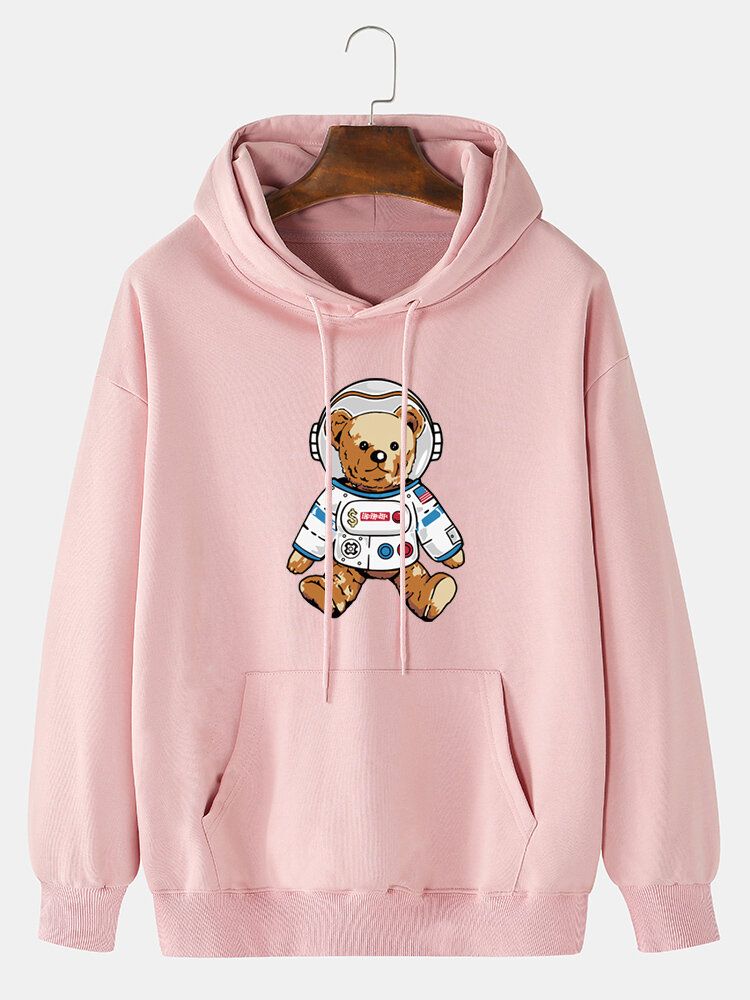 Astronauten-bären-karikatur-print Für Herren Schlichter Lässiger Baumwoll-pullover-hoodie