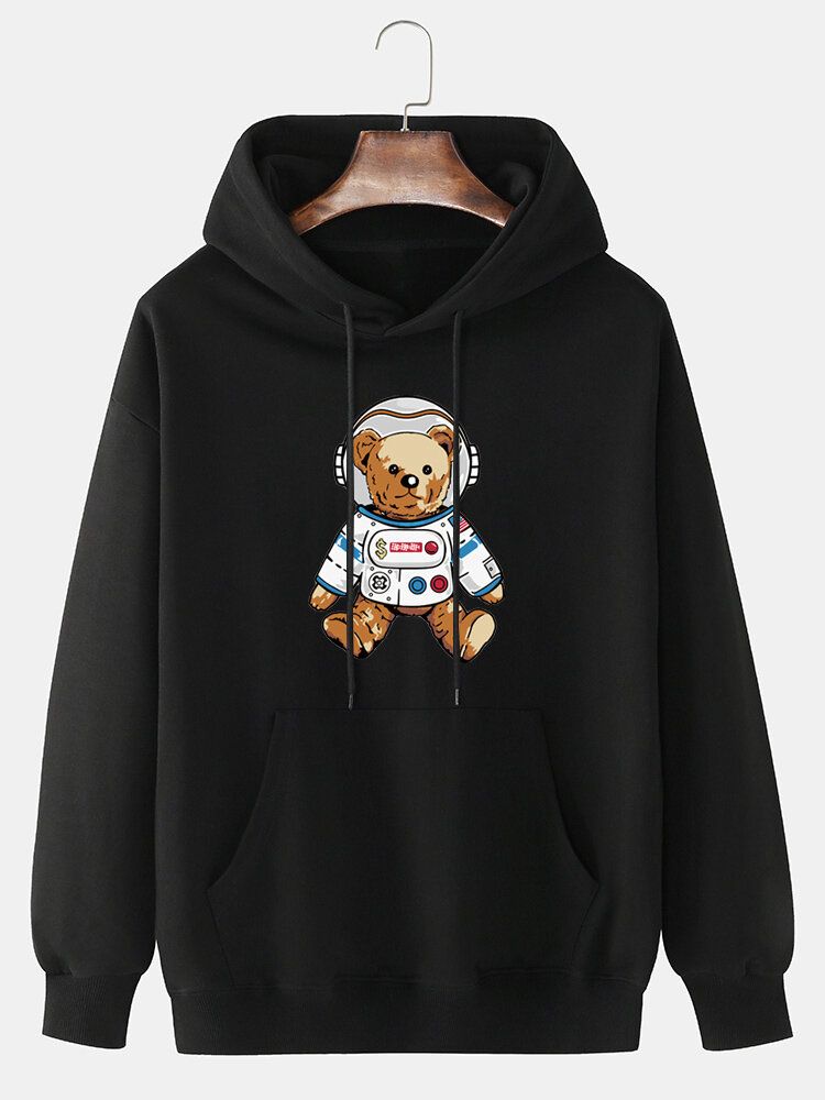 Astronauten-bären-karikatur-print Für Herren Schlichter Lässiger Baumwoll-pullover-hoodie