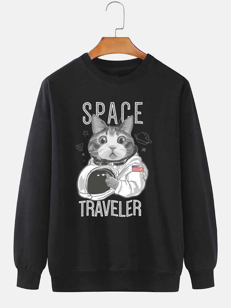 Baumwoll-sweatshirt Mit Rundhalsausschnitt Space Cat-grafikdruck Für Herren