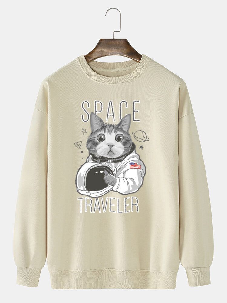 Baumwoll-sweatshirt Mit Rundhalsausschnitt Space Cat-grafikdruck Für Herren