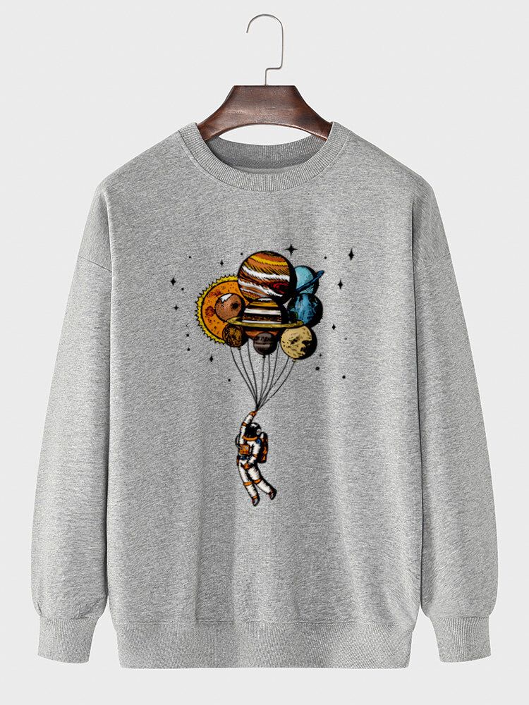 Baumwoll-sweatshirt Mit Rundhalsausschnitt Und Cartoon-planeten-astronauten-aufdruck Für Herren