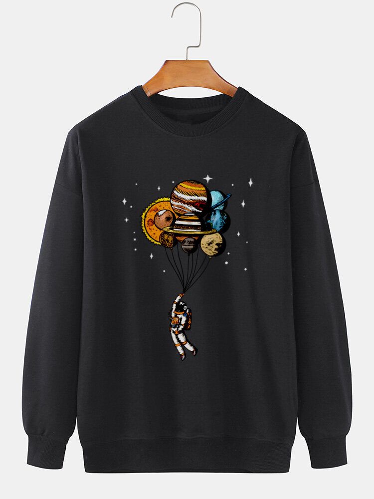 Baumwoll-sweatshirt Mit Rundhalsausschnitt Und Cartoon-planeten-astronauten-aufdruck Für Herren