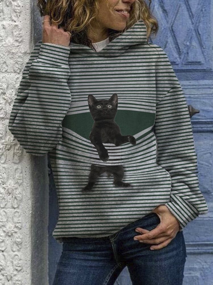 Black Cat Print Langarm Lässige Gestreifte Hoodies Für Frauen