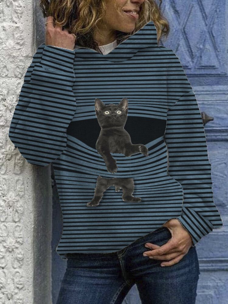 Black Cat Print Langarm Lässige Gestreifte Hoodies Für Frauen