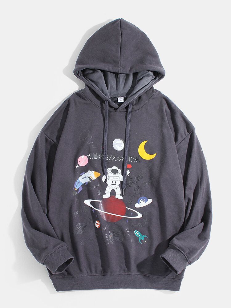 Cartoon-astronaut-planet-print Für Herren Schulterfreie Baumwolle Niedliche Hoodies