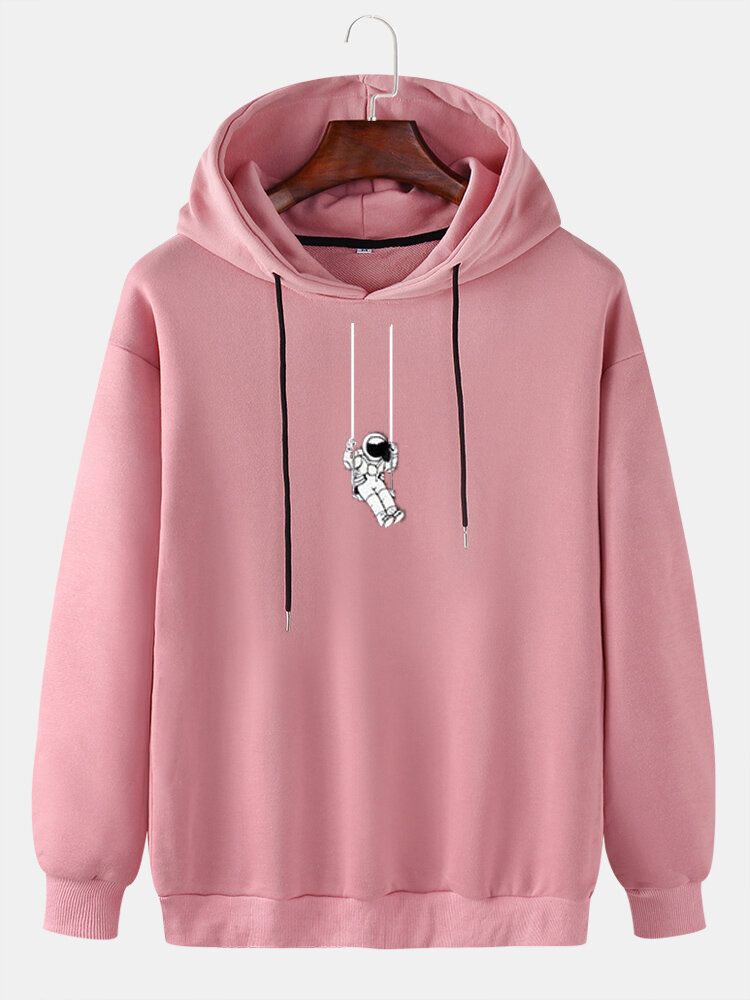 Cartoon-astronauten-grafikdruck-hoodie Mit Einfarbigem Kordelzug Für Herren