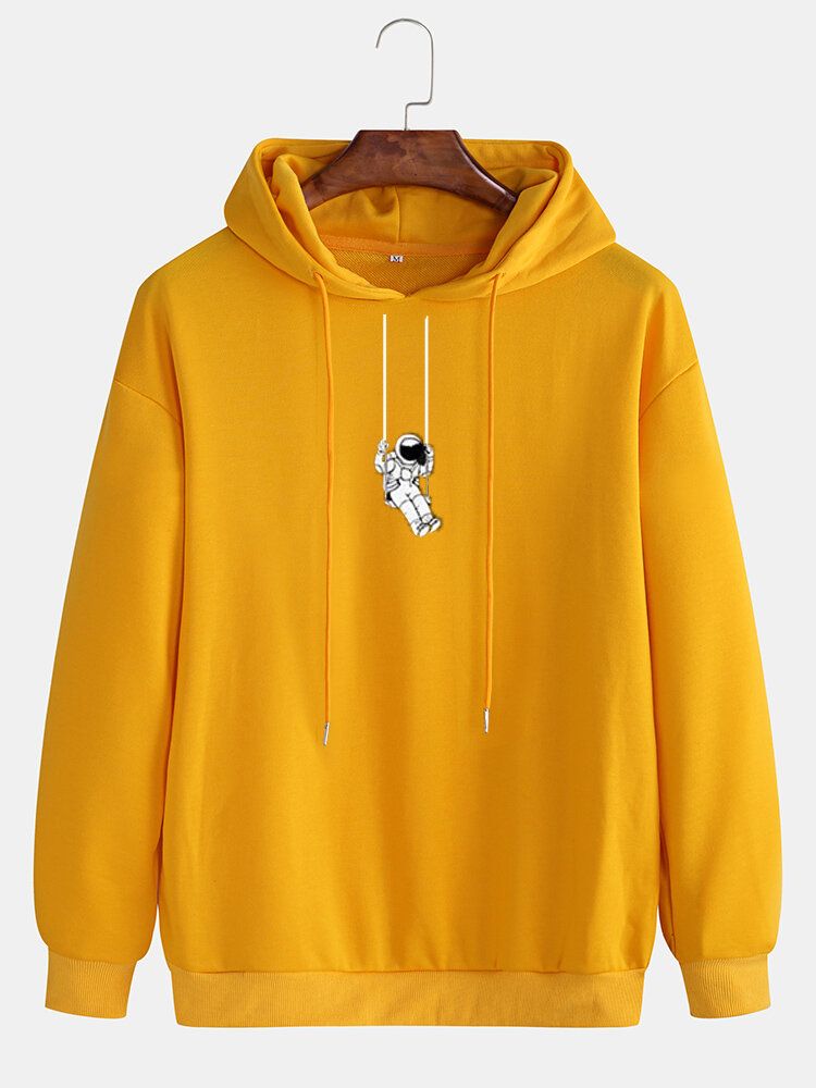 Cartoon-astronauten-grafikdruck-hoodie Mit Einfarbigem Kordelzug Für Herren