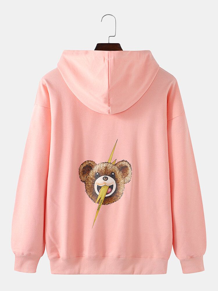 Cartoon Bear Print Drop Shoulder Kangaroo Pocket Cute Hoodies Für Herren