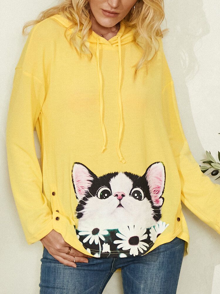 Cartoon Cat Flower Print Seitlicher Knopf Kordelzug Runder Saum Pullover Hoodie Für Frauen