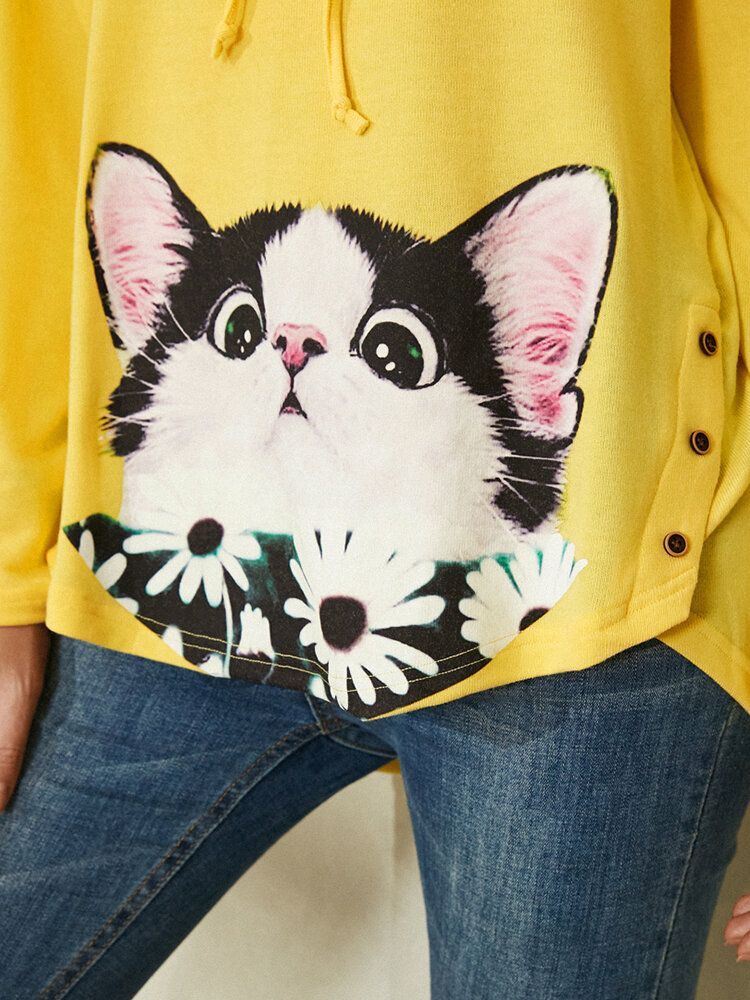 Cartoon Cat Flower Print Seitlicher Knopf Kordelzug Runder Saum Pullover Hoodie Für Frauen