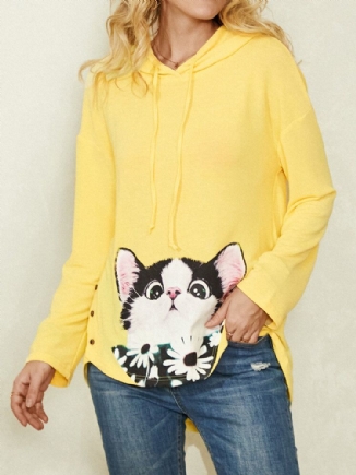 Cartoon Cat Flower Print Seitlicher Knopf Kordelzug Runder Saum Pullover Hoodie Für Frauen