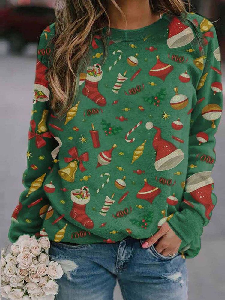 Damen Allover Weihnachtsmuster Print O-ausschnitt Relaxed Fit Langarm Sweatshirt