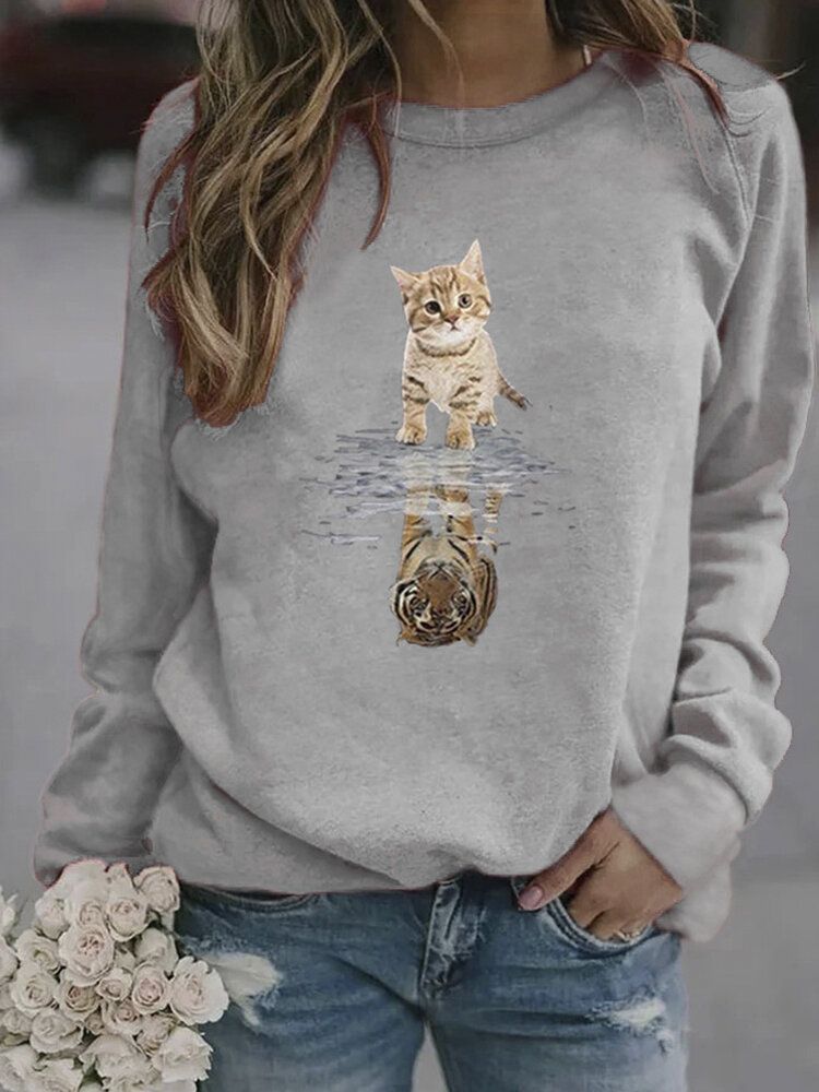 Damen Cartoon Animal Cat Print Pullover Langarm Süße Sweatshirts