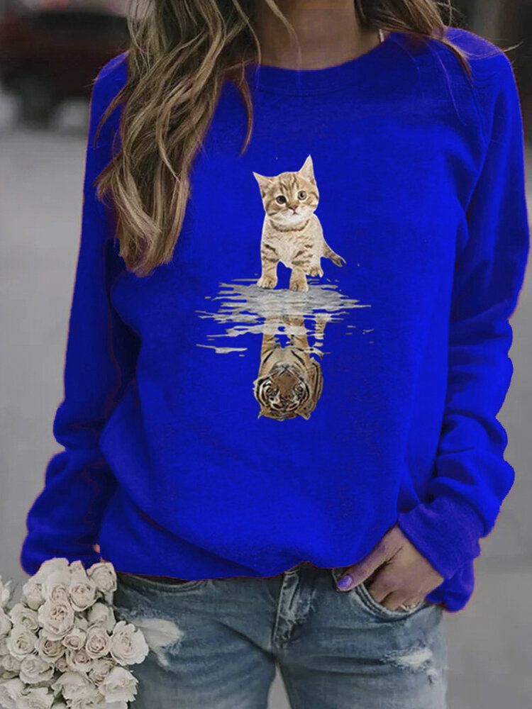 Damen Cartoon Animal Cat Print Pullover Langarm Süße Sweatshirts